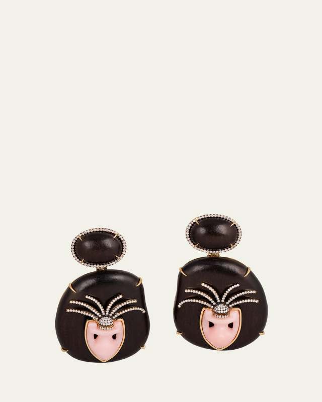 18K Yellow Gold Brauna Wood Earrings with Coral Amphora and Diamonds